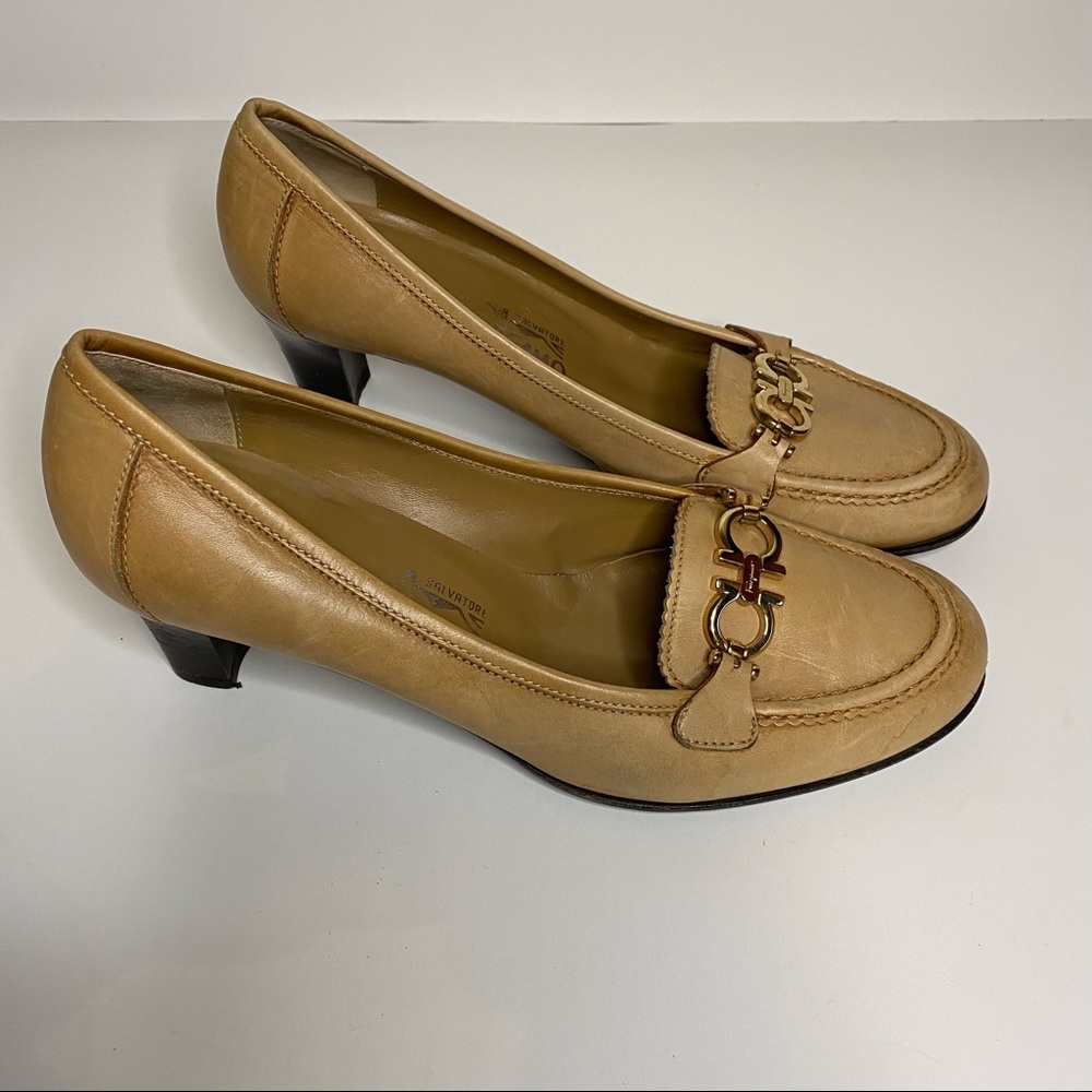 Salvatore Ferragamo Cream and Tan Heels with Loafer Design
